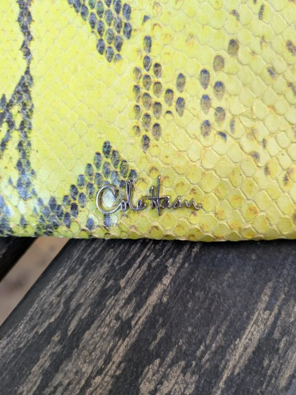 Cole Haan Neon Yellow Snakeskin Embossed Leather Envelope Clutch Bag.